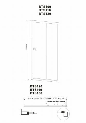 AMADEO Drzwi prysznicowe do wnęki przesuwne 120x185 cm BTS120 Aqualine wymiary