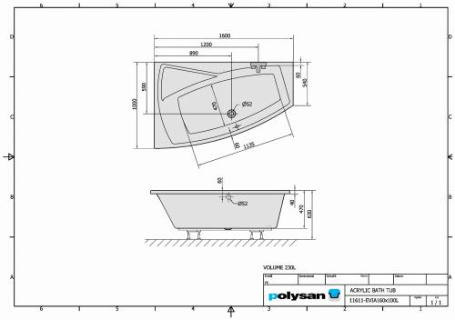 Wanna akrylowa asymetryczna 160x100 cm (lewa) EVIA 11611 Polysan rysunek