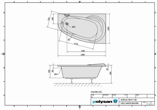 Wanna akrylowa asymetryczna 158 x 100 cm (prawa) NAOS 12011 Polysan rysunek