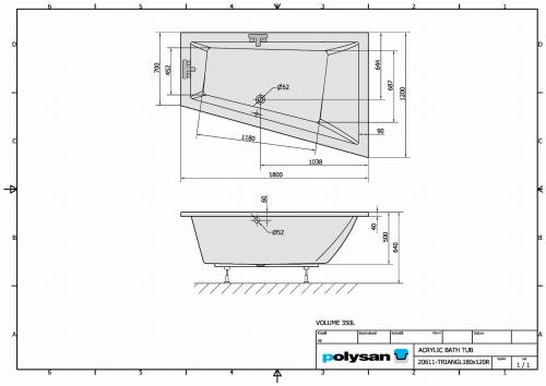 Wanna akrylowa asymetryczna 180x120 cm (prawa) TRIANGL 20611 Polysan rysunek