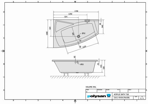 Wanna akrylowa asymetryczna 170x100 cm (lewa) EVIA 21611 Polysan rysunek