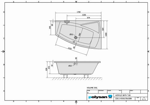 Wanna akrylowa asymetryczna 170x100 cm (prawa) EVIA 22611 Polysan rysunek