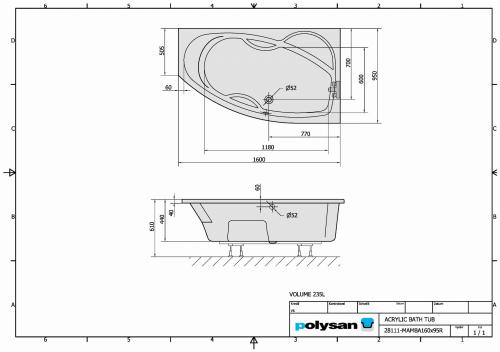 Wanna akrylowa asymetryczna 160x95 cm (prawa) MAMBA 28111 Polysan rysunek