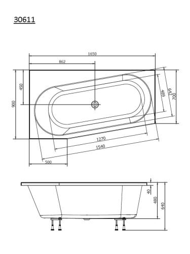Wanna akrylowa asymetryczna 165x90 cm (lewa) ASTRA WL 30611 Polysan rysunek