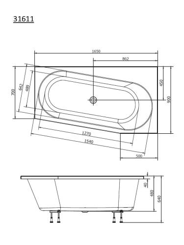 Wanna akrylowa asymetryczna 165x90 cm (prawa) ASTRA WR 31611 Polysan rysunek
