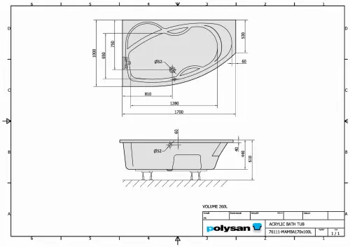 Wanna akrylowa asymetryczna 170x100 cm (lewa) MAMBA 76111 Polysan rysunek