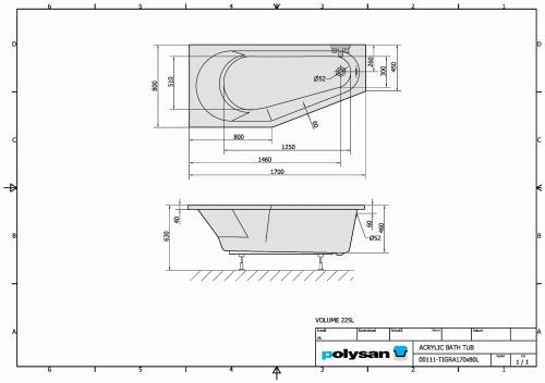 Wanna akrylowa asymetryczna 170x80 cm (lewa) TIGRA 90111Polysan rysunek