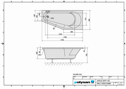 Wanna akrylowa asymetryczna 170x80 cm (prawa) TIGRA 90611 Polysan rysunek