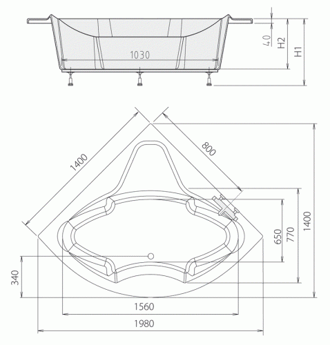 Wanna akrylowa narożna 140x140 cm SIMONA 96111Polysan rysunek