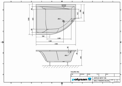 Wanna akrylowa asymetryczna 170x130 cm (lewa) TANDEM 96611 Polysan  rys.