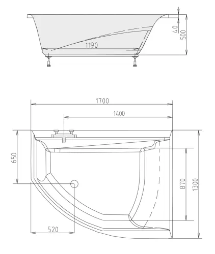 Wanna akrylowa asymetryczna 170x130 cm (prawa) 97611 TANDEM Polysan rysunek