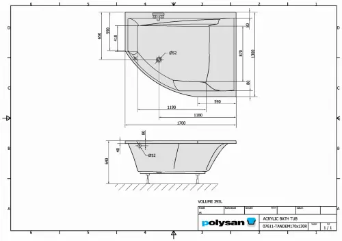 Wanna akrylowa asymetryczna 170x130 cm (prawa) 97611 TANDEM Polysan rys.