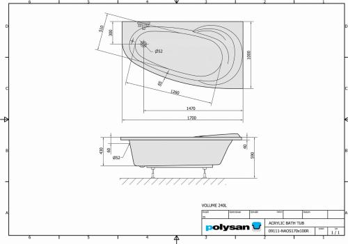 Wanna akrylowa asymetryczna 170 x 100 cm (prawa) NAOS 99111 Polysan  rysunek