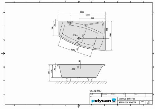 Wanna akrylowa asymetryczna 160x100 cm (prawa) EVIA 12611 Polysan rysunek