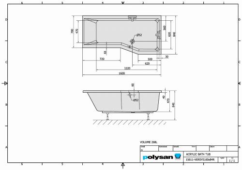 Wanna akrylowa asymetryczna 160x85 cm (prawa) VERSYS 15611 Polysan rysunek