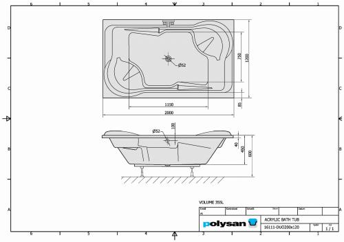 Wanna akrylowa prostokątna 200x120 cm DUO 16111 Polysan rys.