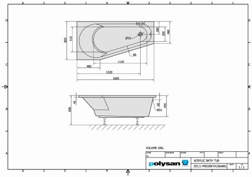 Wanna akrylowa asymetryczna 160 x 80 cm (lewa) PROJEKTA 20111 Polysan  rysunek