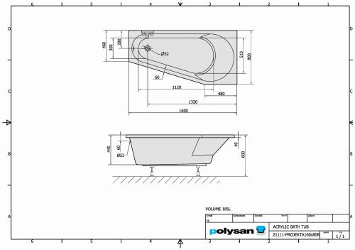 Wanna akrylowa asymetryczna 160 x 80 cm (prawa) PROJEKTA 21111 Polysan rysunek