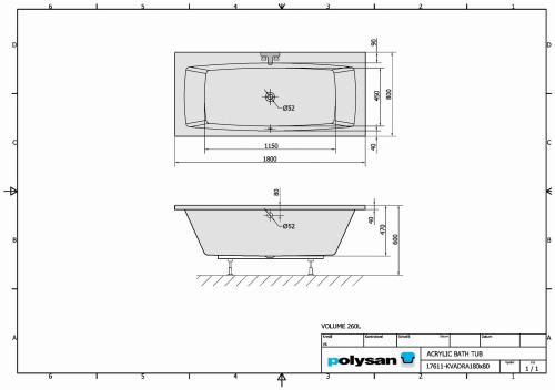 Wanna akrylowa prostokątna 180x80 cm KVADRA 17611 Polysan rysunek