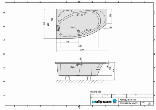 Wanna akrylowa asymetryczna 160 x 95 cm (lewa) MAMBA 27111 Polysan rysunek