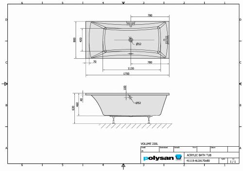 Wanna akrylowa prostokątna 170x80 cm ALIA 41119 Polysan rysunek