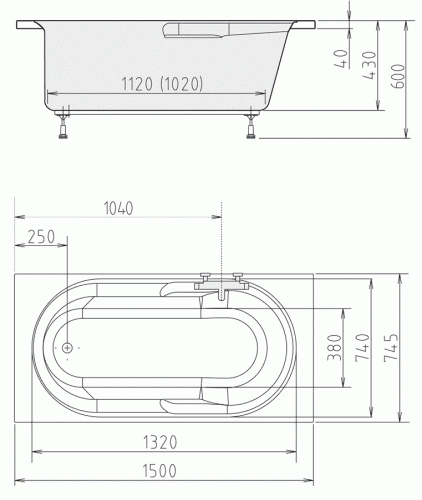 Wanna akrylowa prostokątna 150x75 cm MIRELA 45111 Polysan rysunek
