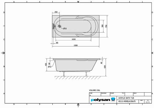 Wanna akrylowa prostokątna 150x75 cm MIRELA 45111 Polysan grafika