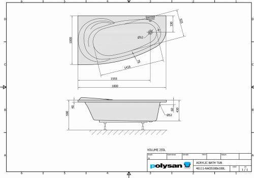Wanna akrylowa asymetryczna 180 x 100 cm (lewa) NAOS 46111 Polysan rysunek