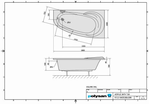 Wanna akrylowa asymetryczna 180 x 100 cm (prawa) NAOS 47111 Polysan rysunek