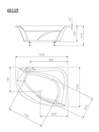 Wanna akrylowa asymetryczna 160x120 cm (prawa) TANYA 66119 Polysan rysunek