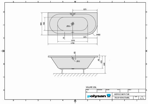 Wanna akrylowa prostokątna 175x80 cm (lewa) VIVA 70119 Polysan rys.