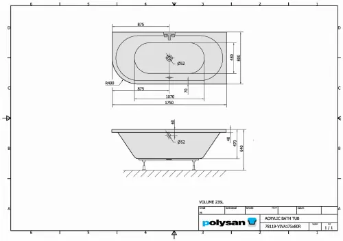 Wanna akrylowa prostokątna 175x80 cm (prawa) VIVA 78119 Polysan rysunek