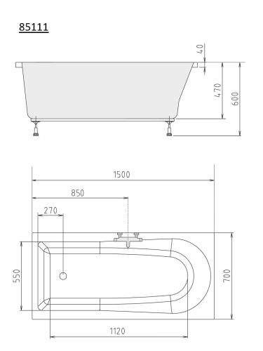 Wanna akrylowa prostokątna 150x70 cm LISA 85111 Polysan rysunek