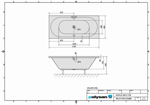 Wanna akrylowa prostokątna 175x80 cm VIVA B 88119 Polysan rysunek
