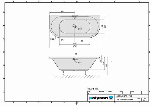 Wanna akrylowa prostokątna 175x80 cm VIVA D 89119 Polysan rysunek