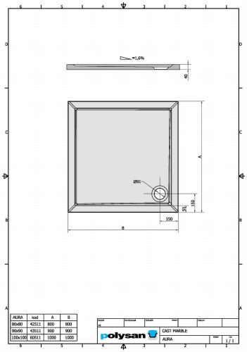 Brodzik prysznicowy kwadratowy kompozytowy 90 x 90 cm AURA 43511 Polysan Karta techniczna