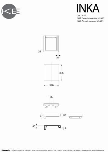 Rysunek techczniny i wymiary blat ceramiczny zebra INKA 32 x 35,5 cm 341733 Kerasan