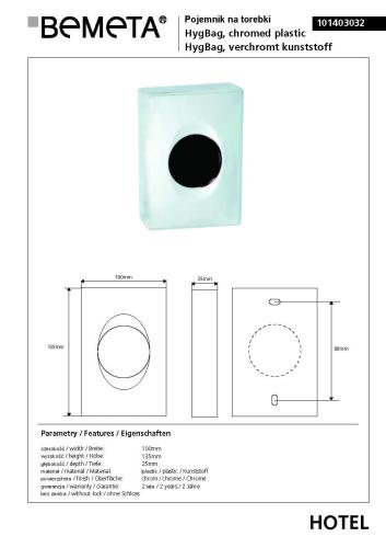 Pojemnik na torebki higieniczne HygBag 101403032 Bemeta wymiary