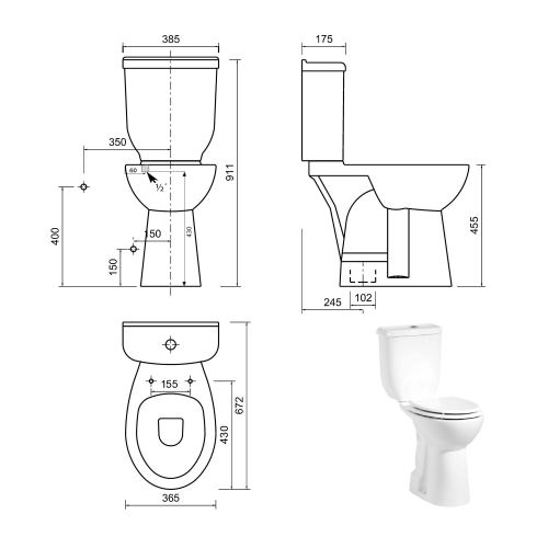 Kompakt WC dla niepełnosprawnych BD301.410.00 Creavit wymiary