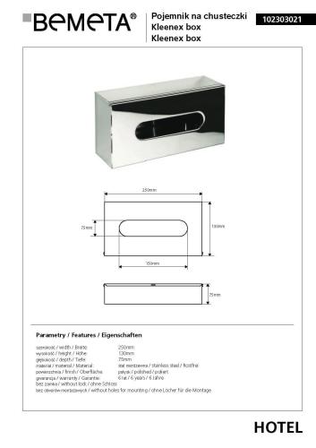 Pojemnik na chusteczki higieniczne, połysk 102303021 Bemeta wymiary