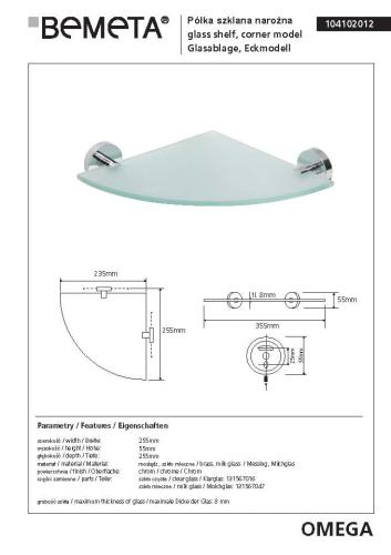 Półka szklana narożna 25 x 25 cm OMEGA 104102012 Bemeta wymiary