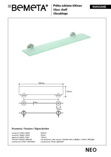 Półka szklana 60 cm NEO 104102045 Bemeta wymiary