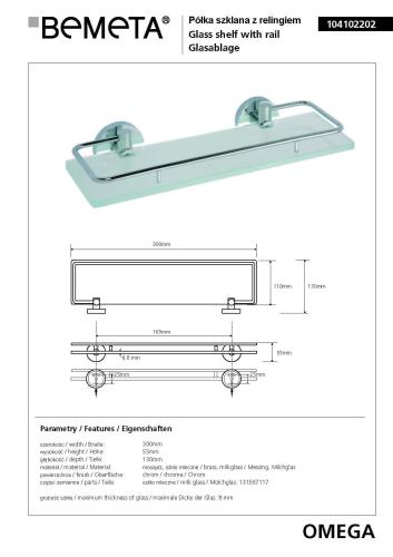 Półka szklana z relingiem 30 cm OMEGA 104102202 Bemeta wymiary