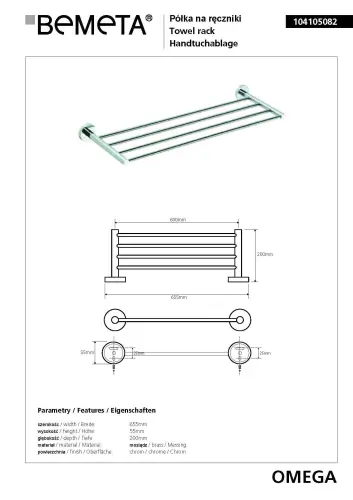 Półka na ręczniki 65,5 cm OMEGA 104105082 Bemeta wymiary