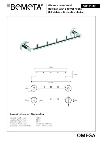 Wieszak na ręcznik z 5 haczykami OMEGA 104105112 Bemeta wymiary
