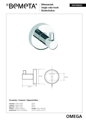 Wieszaczek OMEGA 104106022 Bemeta wymiary