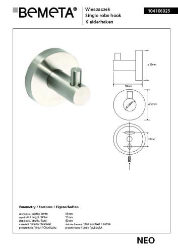 Wieszaczek NEO 104106025 Bemeta wymiary