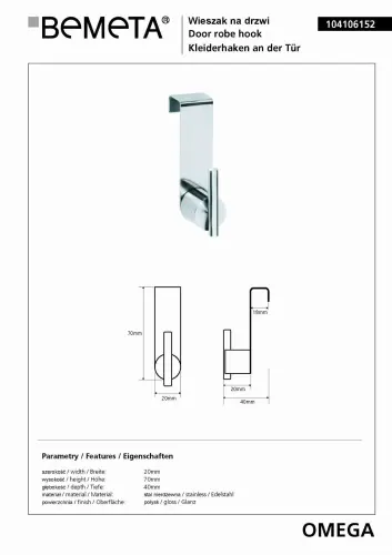 OMEGA Wieszak na drzwi 104106152 Bemeta wymiary