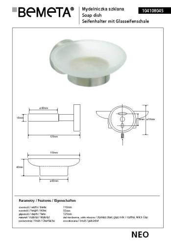 Mydelniczka szklana NEO 104108045 Bemeta wymiary