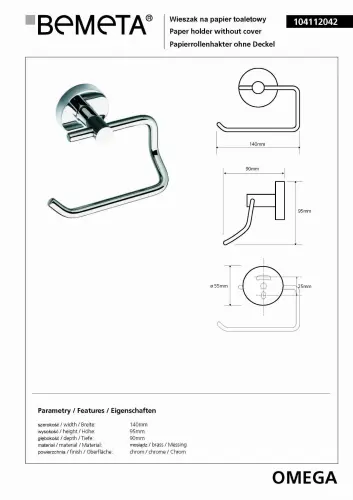 Wieszak na papier toaletowy OMEGA 104112042 Bemeta wymiary